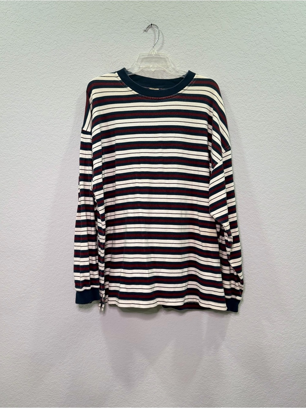 Structure 90s Style Striped Long Sleeve Crewneck Shirt Navy, White & Maroon - XL
